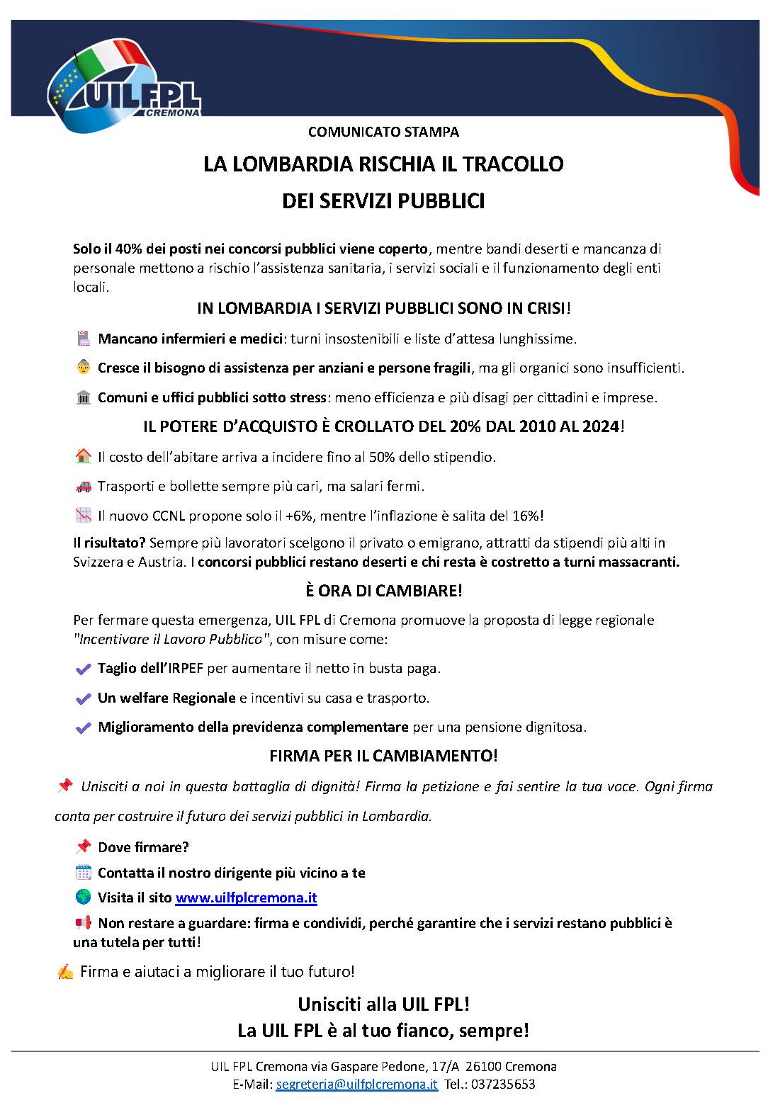 COMUNICATO STAMPA – LA LOMBARDIA RISCHIA IL TRACOLLO DEI SERVIZI PUBBLICI